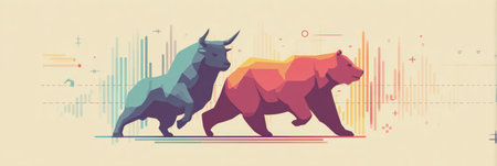 This infographic illustrates essential stock market concepts featuring bull and bear icons, designed with a clean pastel background for clear understanding.の素材