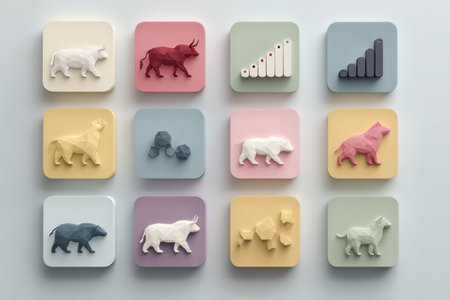 Visual representation of stock market concepts showing bull and bear icons, along with various graphs and figures in a pastel color scheme.の素材