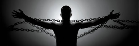 A shadowy figure extends its arms, breaking free from chains, symbolizing liberation from online constraints in a stark, dramatic setting.の素材