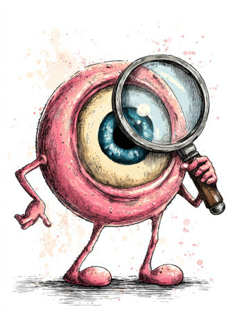 A cartoon character resembling a large eyeball holds a magnifying glass while exploring its environment, showcasing a playful and imaginative scene.の素材
