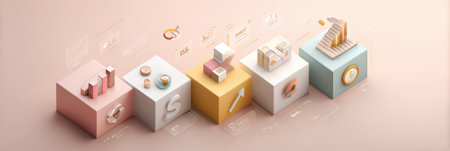A 3D infographic illustrates five key steps for business success using icons and arrows on a soft pastel background.の素材