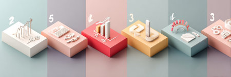 Visual representation of five steps guiding businesses toward success using clear icons and process arrows against a pastel background.の素材