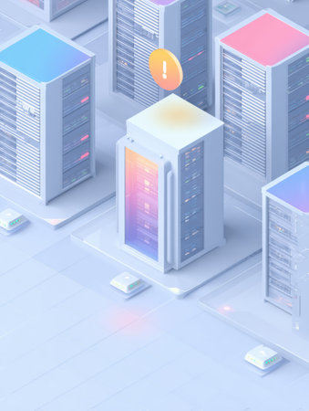 Illustration depicts a server room featuring multiple servers with a hovering privacy alert icon, showing a clean and organized layout.の素材