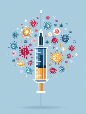 Colorful infographic displaying various side effects and safety information about vaccinations, featuring a syringe surrounded by virus icons.の素材