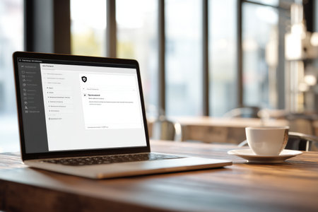 A security alert is shown on a laptops transparent dashboard on a wooden table by a coffee in a modern cafe, creating a relaxed vibe.の素材