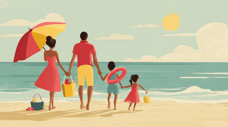 Families can explore a variety of summer activities at the beach while enjoying sunshine, sand, and quality time together under a bright sky.の素材