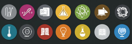 Brightly colored icons represent various school subjects like math, science, art, and language to engage students in a dynamic learning environment.の素材