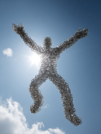 A shadow figure emerges triumphantly, breaking free from digital chains while reaching toward the sunlit sky with clouds in the background.の素材