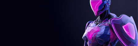 A cyber guardian avatar, equipped with futuristic armor and a glowing shield, protects a device in a dark digital environment filled with vibrant colors.の素材
