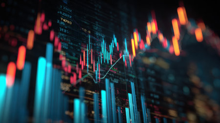 3D visual of stock market analysis featuring growth charts, trends, and key investment metrics in a dynamic trading setting.の素材