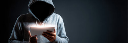 Hooded figure holds a glowing smartphone displaying a fake banking app icon in a dark environment, suggesting deceptive activity in banking.の素材