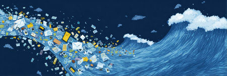 A digital river illustrates a heavy flow of phishing content alongside a clear channel, highlighting the contrast between data types in cyberspace.の素材