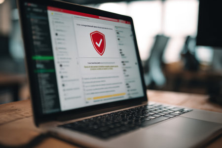 A warning popup indicating security concerns overlays a transparent dashboard on a laptop, highlighting potential threats in a professional workspace.の素材