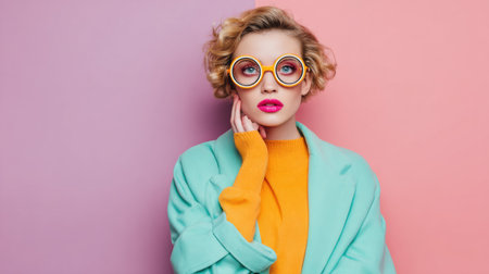 A fashionable woman with oversized glasses and striking outfit is seen against a pastel backdrop, expressing confidence and elegance while posing thoughtfully.の素材