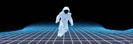 A cyber police bot is actively chasing scam data flow within a digital grid backdrop, highlighted by a bright light at the top, showing intense activity.の素材