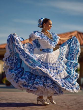 Dancers showcase vibrant traditional attire and engaging choreography at Hispanic Heritage Month events, promoting cultural awareness and celebration.の素材
