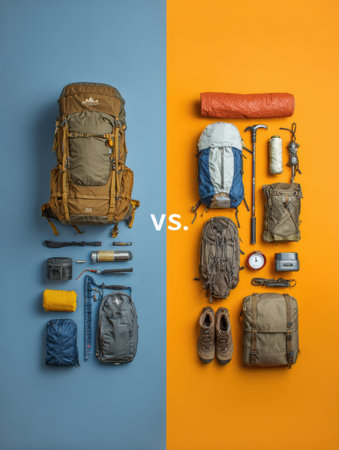 Explore essential outdoor gear with a detailed comparison of hiking and camping equipment, showcasing items needed for each activity.の素材