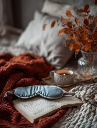 A serene autumn interior showcases a sleeping mask resting on an open book, surrounded by warm bedding, a candle, and tasteful decor for relaxation.の素材