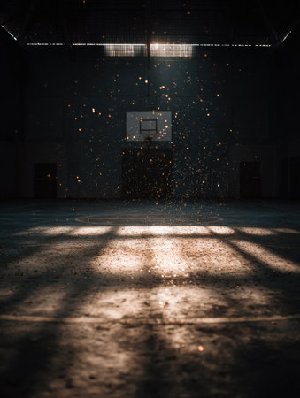 Confetti falls softly onto an empty basketball court, casting dramatic shadows while a spotlight illuminates the tranquil atmosphere of the space.の素材