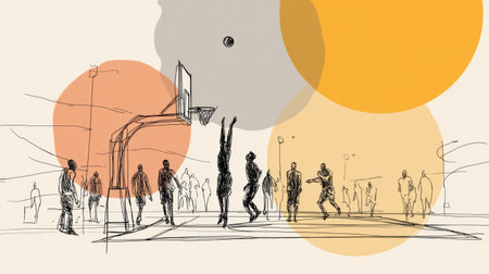 A dynamic basketball game unfolds with players actively engaged, set against a soft pastel backdrop that emphasizes movement and competition.の素材
