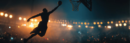 An athlete performs a breathtaking basketball dunk against a backdrop of vibrant stadium lights, capturing the energy of the night crowd.の素材