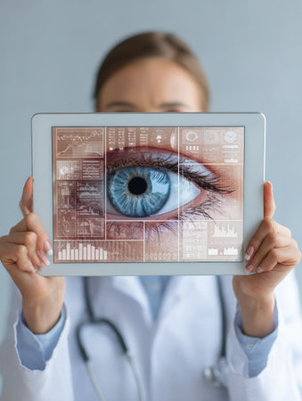 Medical professional presents eye scan results on a digital tablet in a light background, demonstrating advanced technology in eye care.の素材