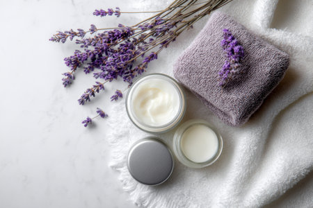 Sensitive skincare products are arranged on a clean white cloth alongside fresh lavender, creating a calming and serene presentation for self-care.の素材