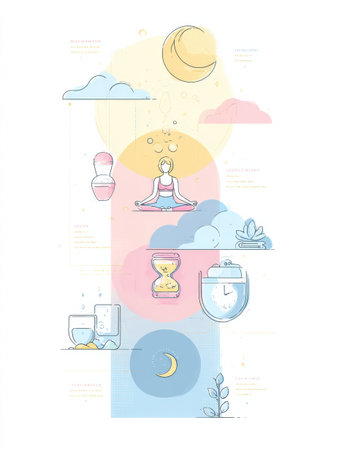 Explore a wellness routine designed to enhance sleep quality through calming visuals, including icons for yoga, hydration, and time management strategies.の素材