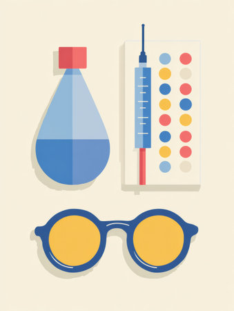 Various vision-related tools are showcased, comprising an eye drop bottle, spectacles, and an eye chart with colorful dots laid out neatly for visual clarity.の素材