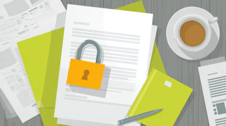 Assorted documents and a padlock signify the importance of securing sensitive information in a neat workspace with a cup of coffee nearby.の素材