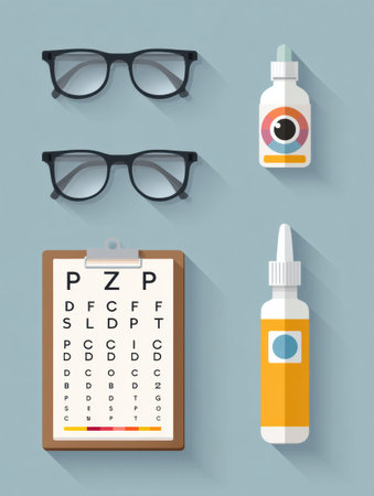 Collection of vision-related tools featuring eye drops, eyeglasses, and an eye chart arranged neatly in a clean flat design with a soft background.の素材