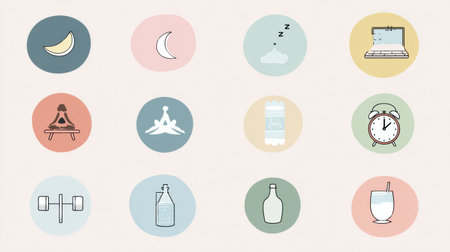 Discover a wellness routine designed for better sleep featuring calming icons like the moon, yoga poses, and water in a clean and pastel aesthetic.の素材