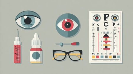 Flat design showcases a collection of vision-related objects including an eye drop bottle, eyeglasses, and an eye chart placed on a clean background.の素材