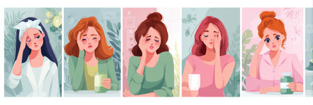 Illustration shows multiple women expressing symptoms linked to vitamin deficiency, depicted in a pastel color scheme to highlight medical awareness.の素材