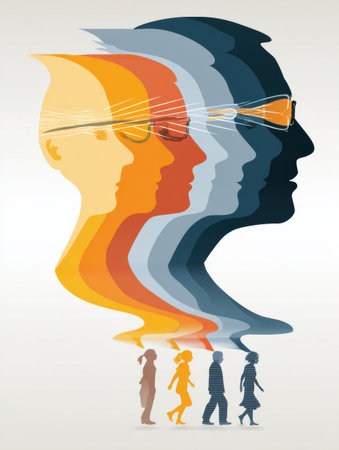 A visual of aging silhouettes highlights the evolution of vision correction methods across various life stages.の素材