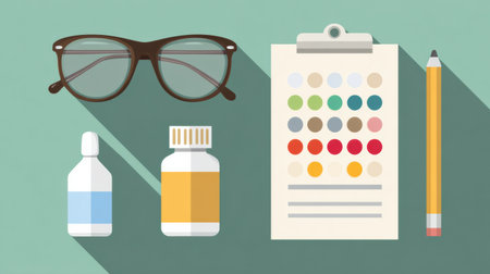 Collection of vision-related items displayed on a flat surface, featuring eyeglasses, eye drops, a medicine bottle, and a color chart with a pencil.の素材