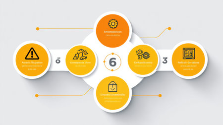 Infographic provides essential workplace safety rules, clearly outlining a 6-step process using caution icons for better hazard awareness and compliance.の素材
