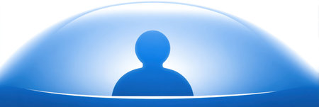 A user icon is protected by a translucent privacy dome shield with space above for a message, symbolizing digital identity safety and user confidentiality.の素材