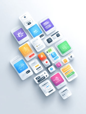 An infographic displays UX design principles using overlapping cards, human-centered icons, and a minimalist white background for clarity.の素材