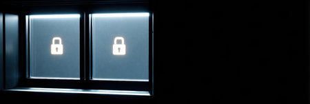 A window displays blinking lock symbols on the right side, signaling a security breach alert during the nighttime hours in a dark environment.の素材
