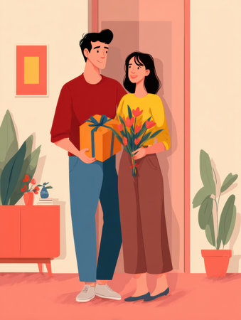 Couple stands together in bright living room happily exchanging small surprises. He holds a gift while she presents a bouquet of flowers.の素材