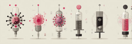 Infographic displays various elements found in vaccines, showing clean chemistry-style graphics and colorful representations of molecules and syringes.の素材