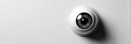 The human-eye-like surveillance camera symbolizes awareness in modern security, set against a minimalistic background.の素材