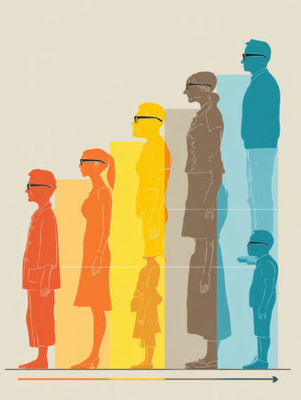 A timeline features human silhouettes of different ages wearing glasses, illustrating the evolution of vision correction needs as individuals age.の素材