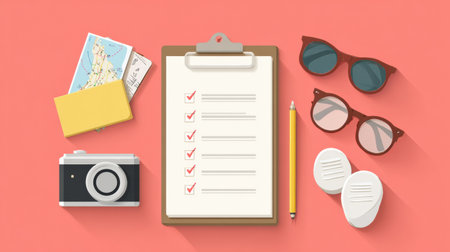 Checklist for summer adventures with a clipboard holding tasks, sunglasses, a camera, and travel essentials to document great outdoor experiences.の素材