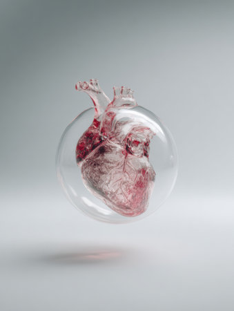 A transparent heart in a glass globe floats in an abstract space, symbolizing emotion and affection in a captivating way.の素材