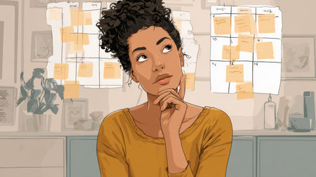 A person thoughtfully engages with a 30-day self-growth tracker amid organized notes and motivational decor in a cozy workspace.の素材