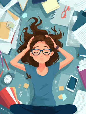 Infographic shows five effective stress relief strategies for high school students, including mindfulness and organized study techniques.の素材