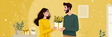 Explore creative gestures to surprise loved ones, showcasing a couple exchanging a gift in a cozy, bright room filled with warmth and joy.の素材