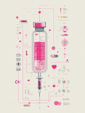 Colorful infographic illustrating vaccine components with clear design, detailed labels, and informative visuals of key elements.の素材